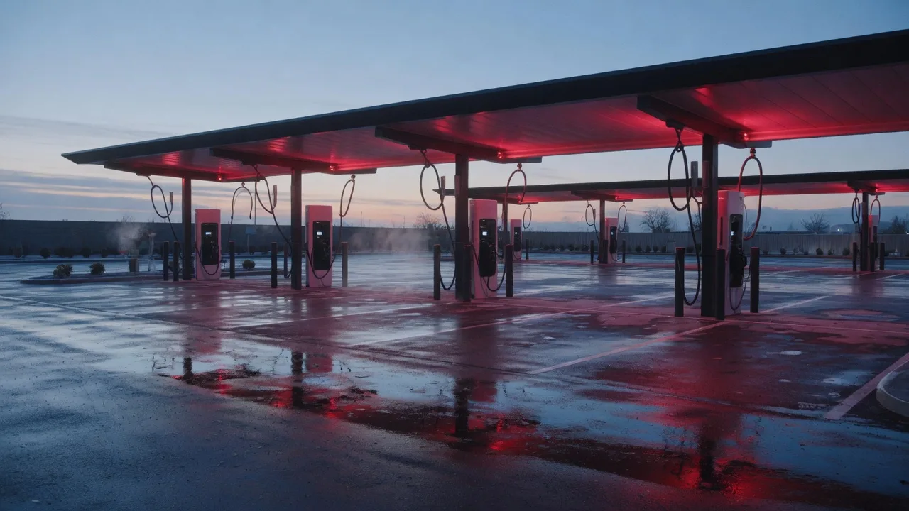 Empty charging plaza at first light, red canopy on wet ground.