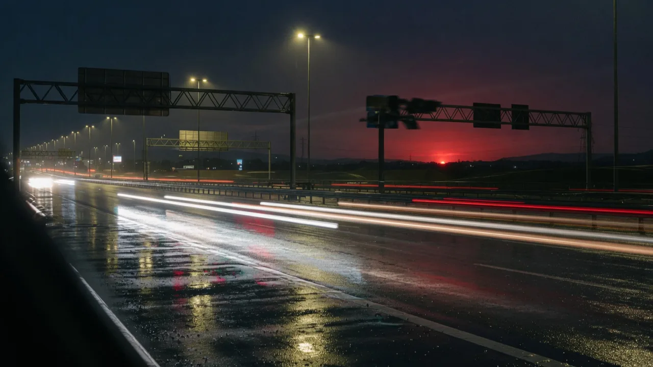 Wet European motorway at night, light trails, blank gantries.