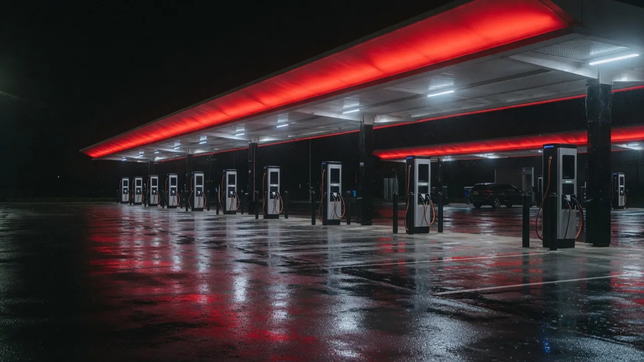 Night DC fast-charging plaza after rain, red canopy light on wet asphalt.