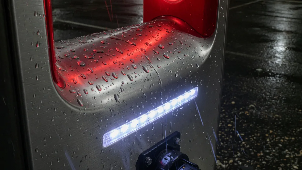 Rain on a brushed-metal charging stall at night.